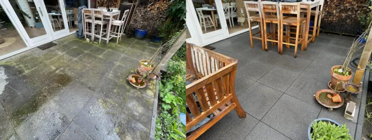 Bestrating en terras reinigen: tegels voor en na het verwijderen van groene aanslag Bestrating en terras reinigen: tegels voor en na het verwijderen van groene aanslag