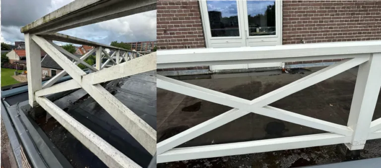 Houtwerk reinigen: hekwerk voor en na een milde reiniging Houtwerk reinigen: hekwerk voor en na een milde reiniging