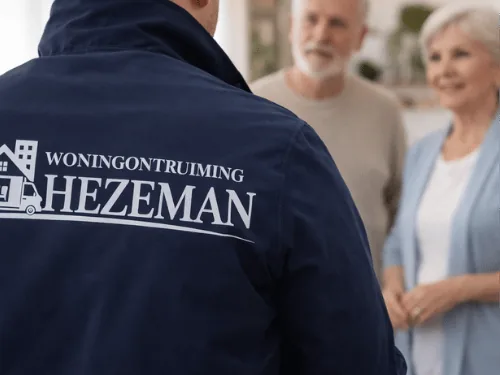 Woning ontruimen na overlijden: medewerker van Hezeman in gesprek met een ouder echtpaar Woning ontruimen na overlijden: medewerker van Hezeman in gesprek met een ouder echtpaar