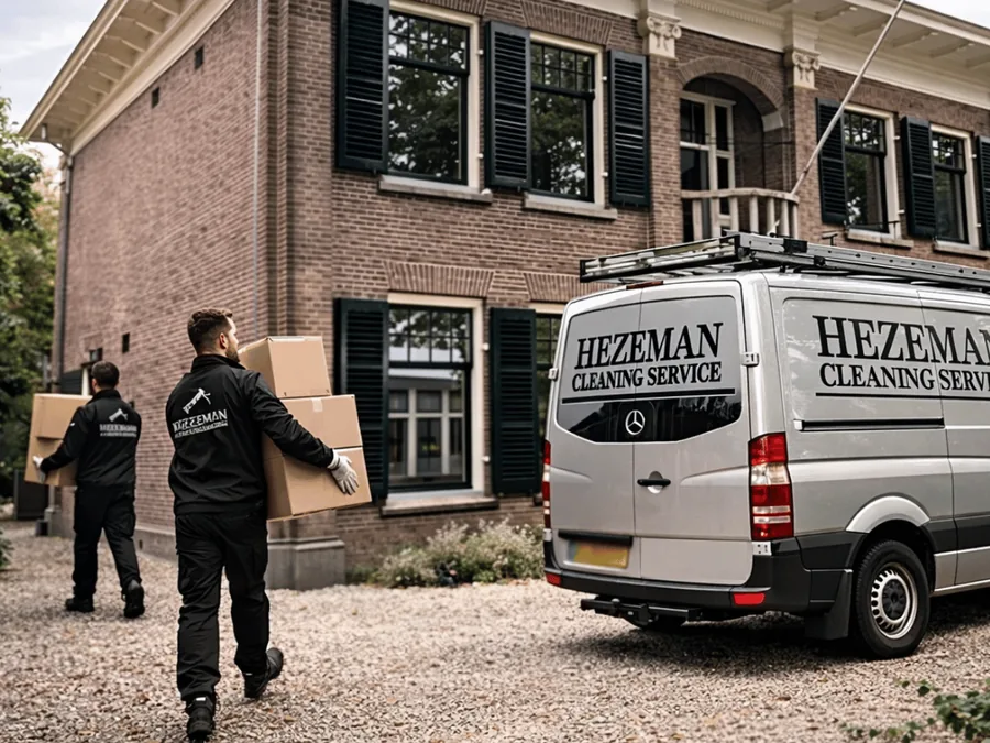 Woningontruiming Apeldoorn: medewerkers van Hezeman dragen dozen naar de bus