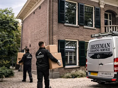 Woningontruiming door Hezeman: twee medewerkers dragen dozen naar de bus van Hezeman Cleaning Service Woningontruiming door Hezeman: twee medewerkers dragen dozen naar de bus van Hezeman Cleaning Service